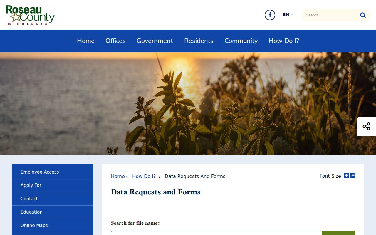 Roseau County warrant records: county data requests page with public information forms