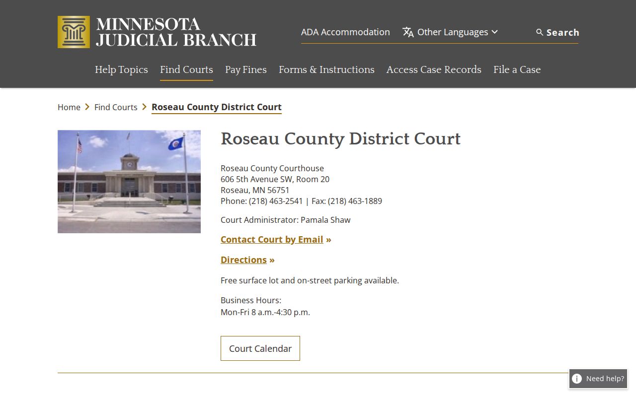 Roseau County warrant records: Roseau County District Court page with courthouse contact details
