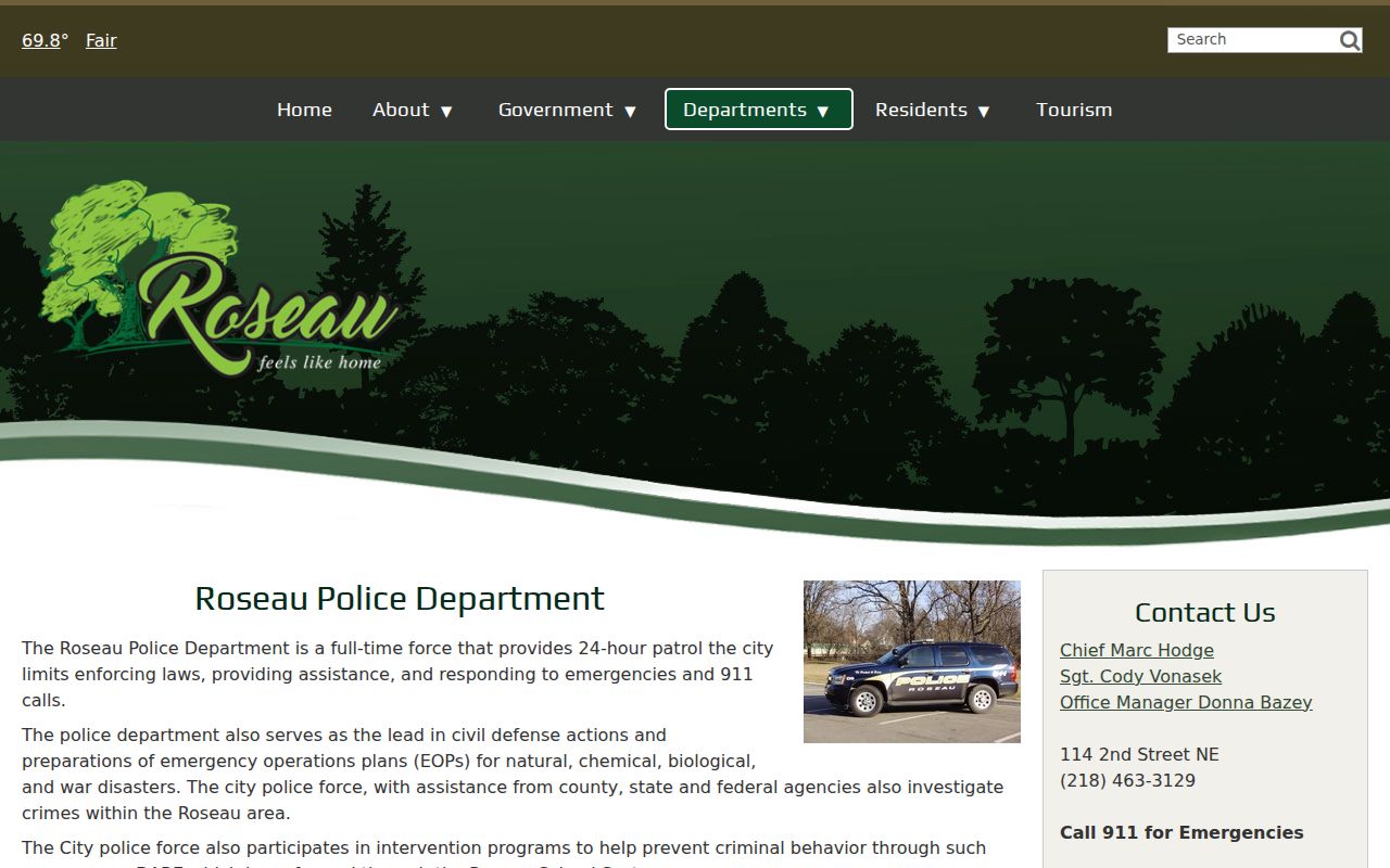 Roseau warrant records: city police department page with contact details and patrol coverage