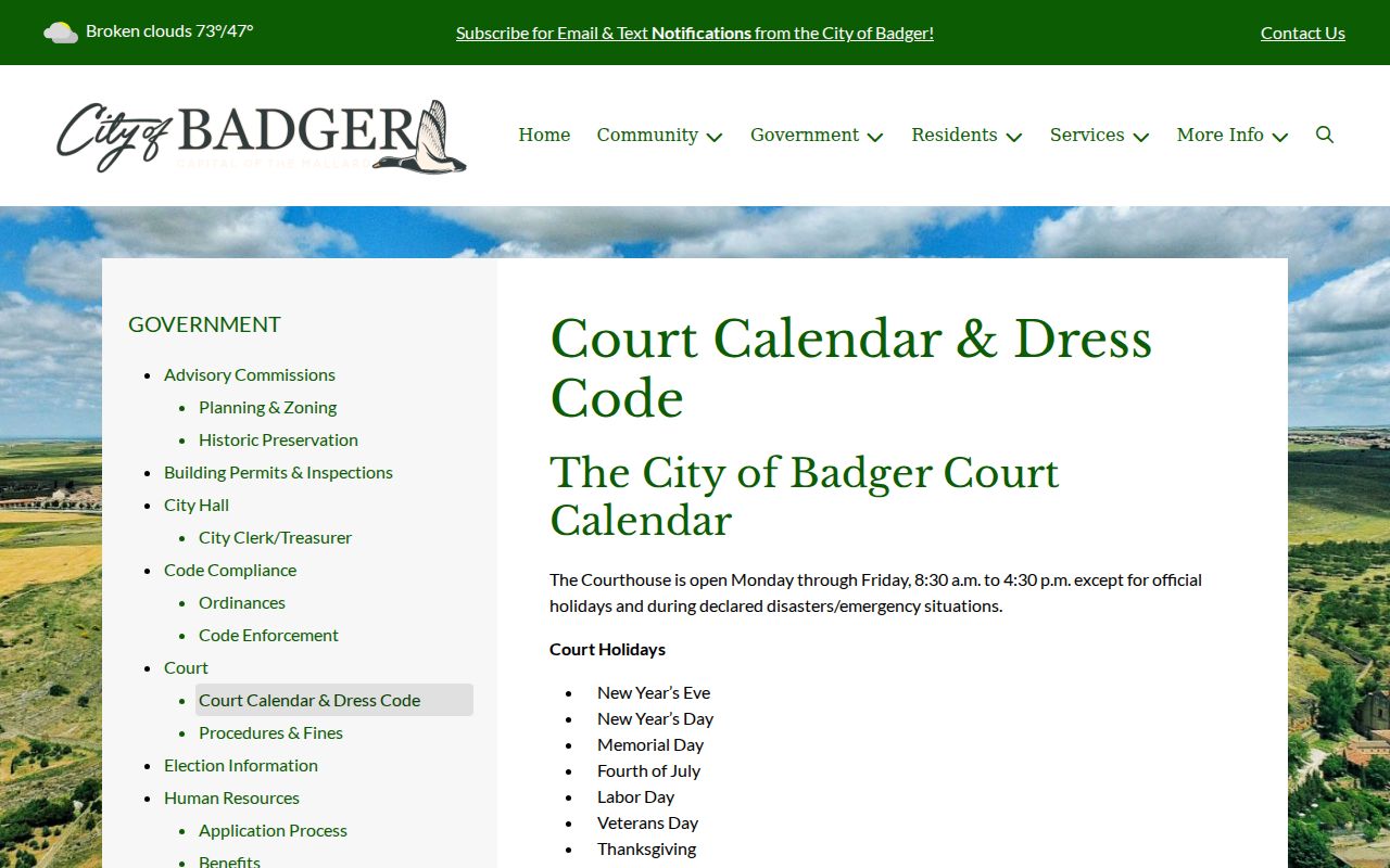 Badger warrant records: court calendar and dress code page listing weekday hours and courtroom rules