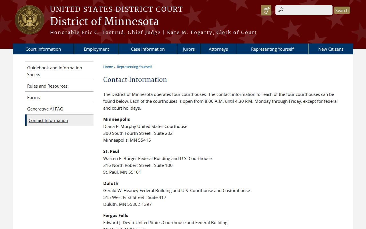 Roseau County arrest warrants: federal court contact page for the District of Minnesota