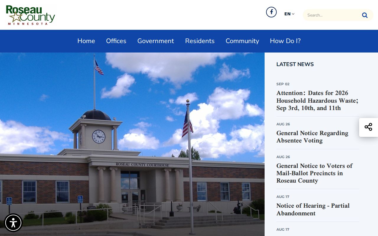 Roseau County warrant records: legacy active warrants address redirecting to the county home page
