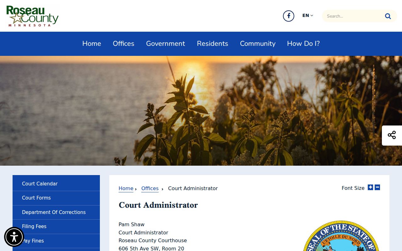 Roseau County warrant records: Court Administration page with public access statement
